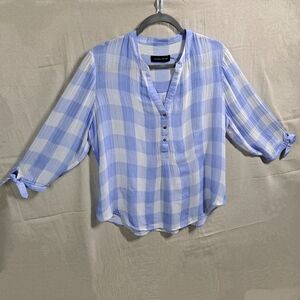 Ivanka Trump Women Med Blue Gingham Check Button Up 3/4Sleeve Knot Blouse Top